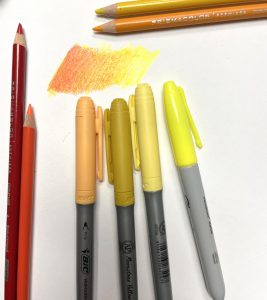 High School art lesson demonstrating how to layer marker and colored pencil in an analogous color scheme