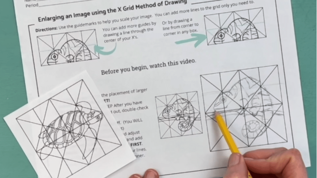 Image featuring a hand drawing over an X grid with a reference image from our free worksheet, designed to help readers improve their drawing skills. These X-Grid worksheets are specifically designed for our neurographic art pieces.