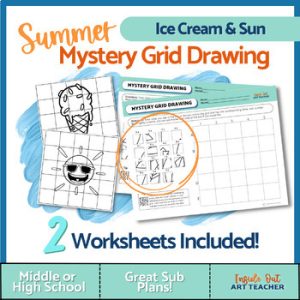 HIGH SCHOOL ART SUB PLAN/WORKSHEET: Mystery Grid Drawing Ice Cream & Sun